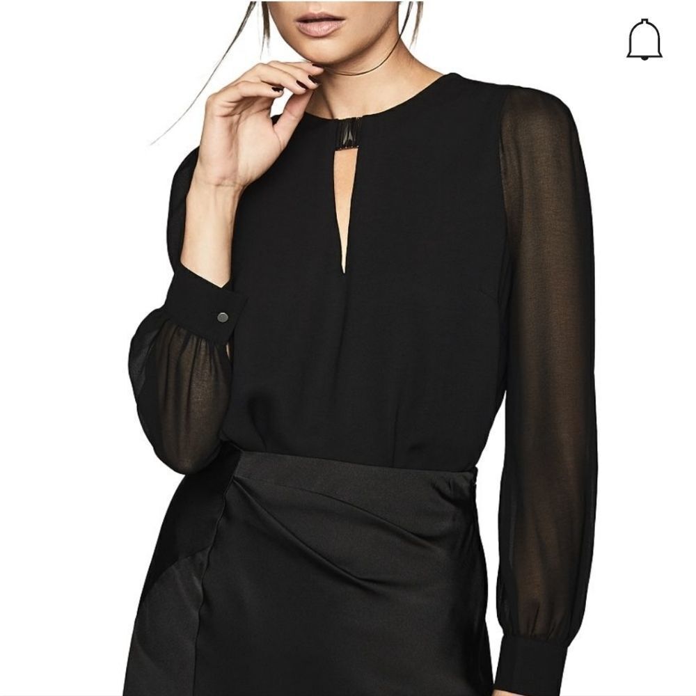 REISS Rhea Sheer Sleeve Keyhole Blouse In Black
